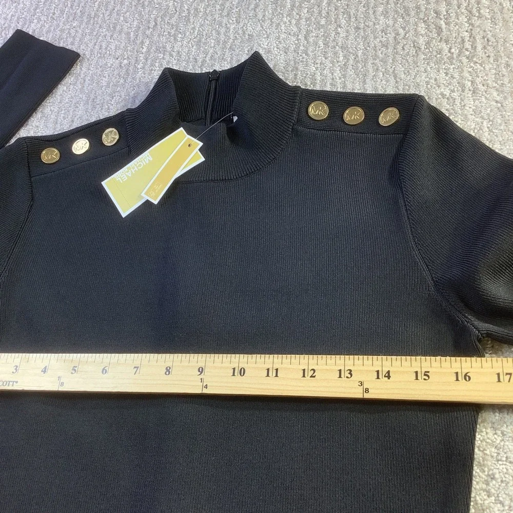 Michael Kors Black Pleated Knit Mock Neck Dress Gold Button Womens Size‎ L NWT